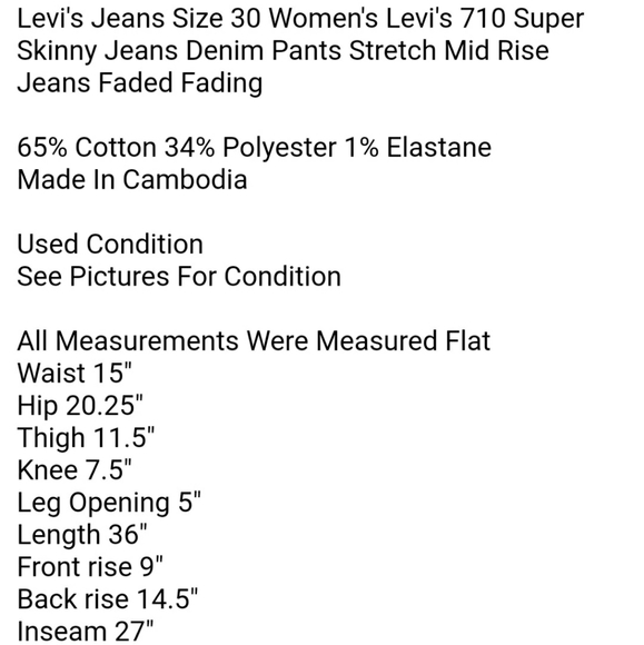 Levi's 710 Super Skinny Jeans Denim Pants Stretch Midrise 30x28 - Picture 7 of 9